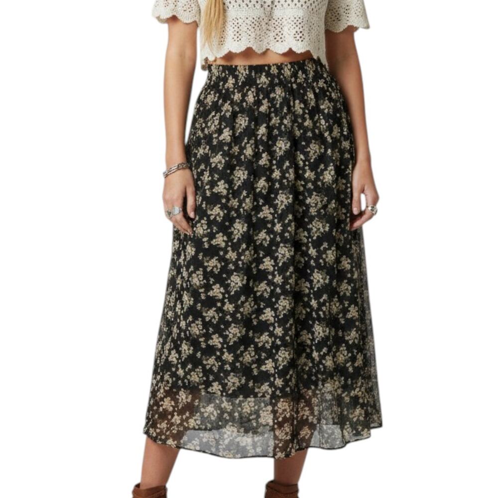 Vintage 80s Black Floral Sheer Maxi Skirt Sz M
